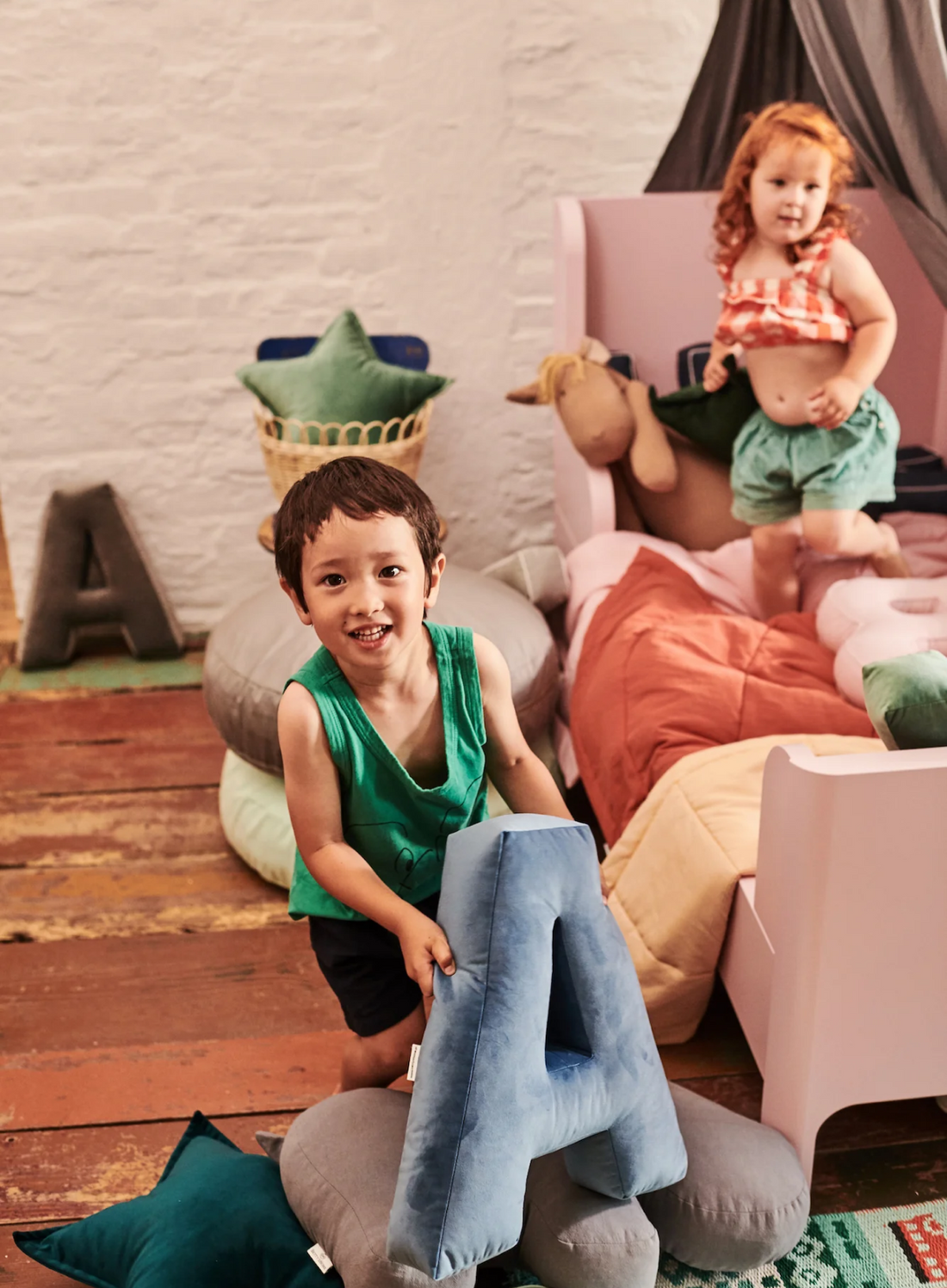 small by in kindergarten with velvet letter cushion a in blue by bettys home