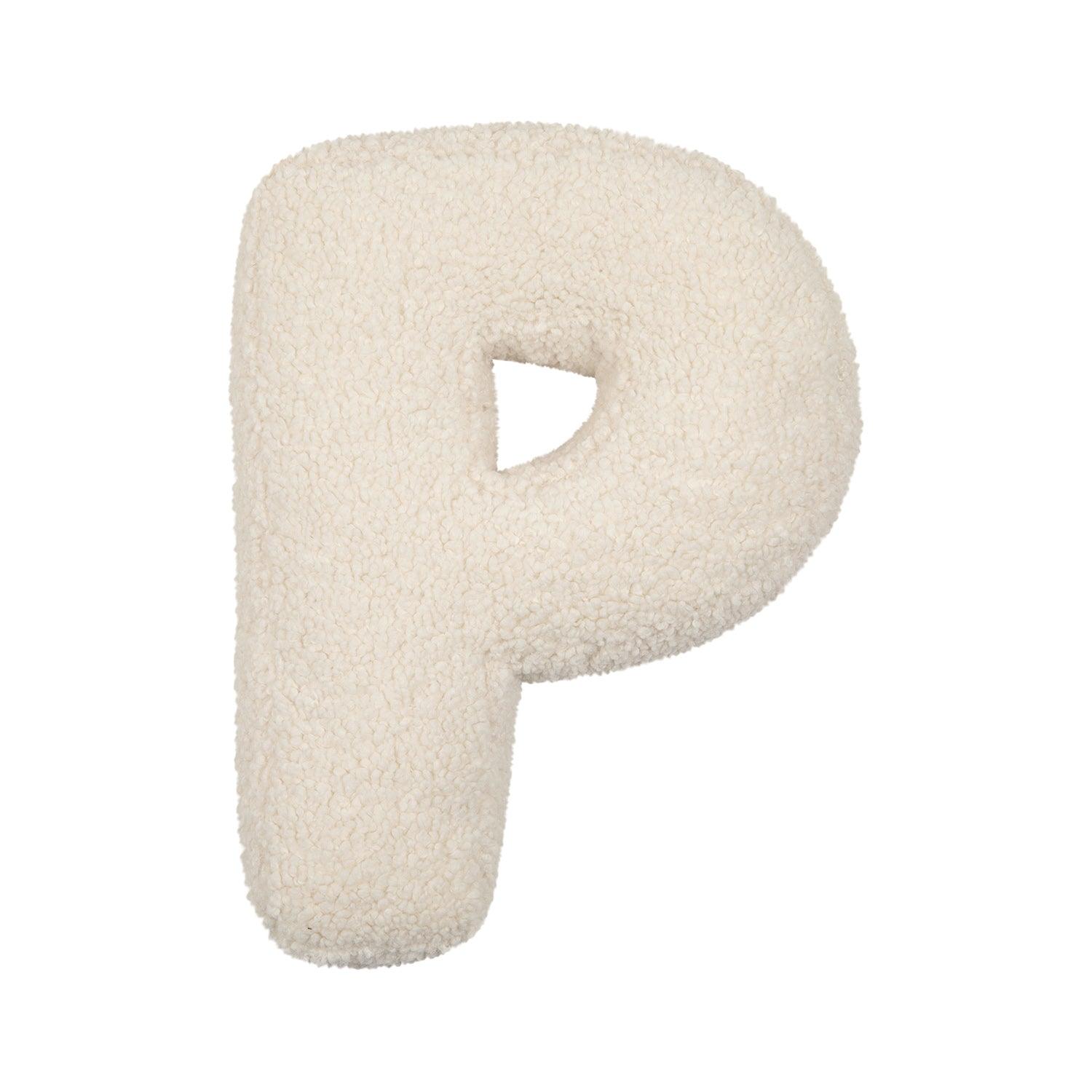 boucle letter cushion P teddy pillow by bettys home on white background