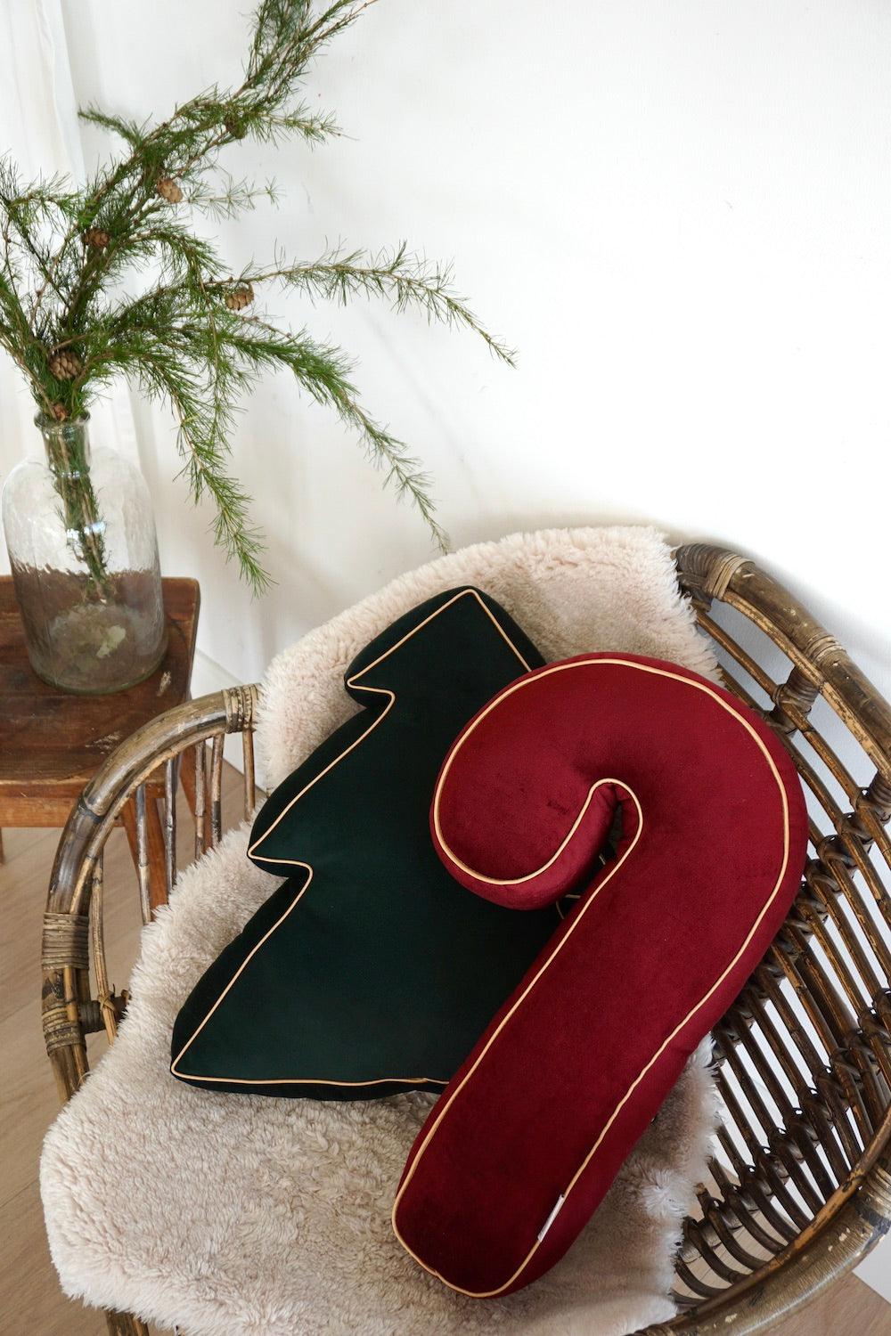Christmas Candy cane cushion wine red by bettys home in front of christmas tree cushion as christmas bedroom deco ideas