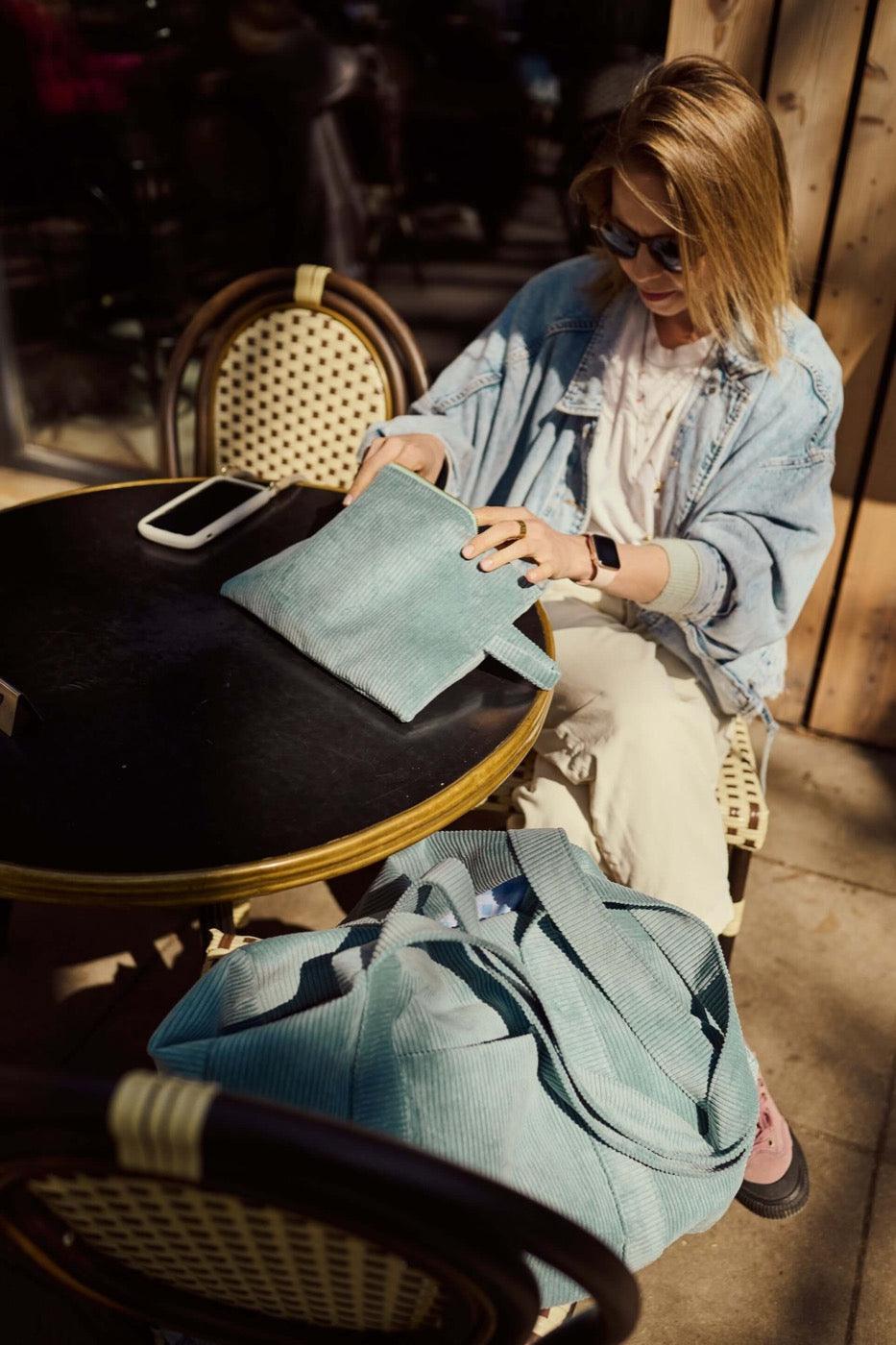 Corduroy mom bag in blue by bettys home and happy woman.