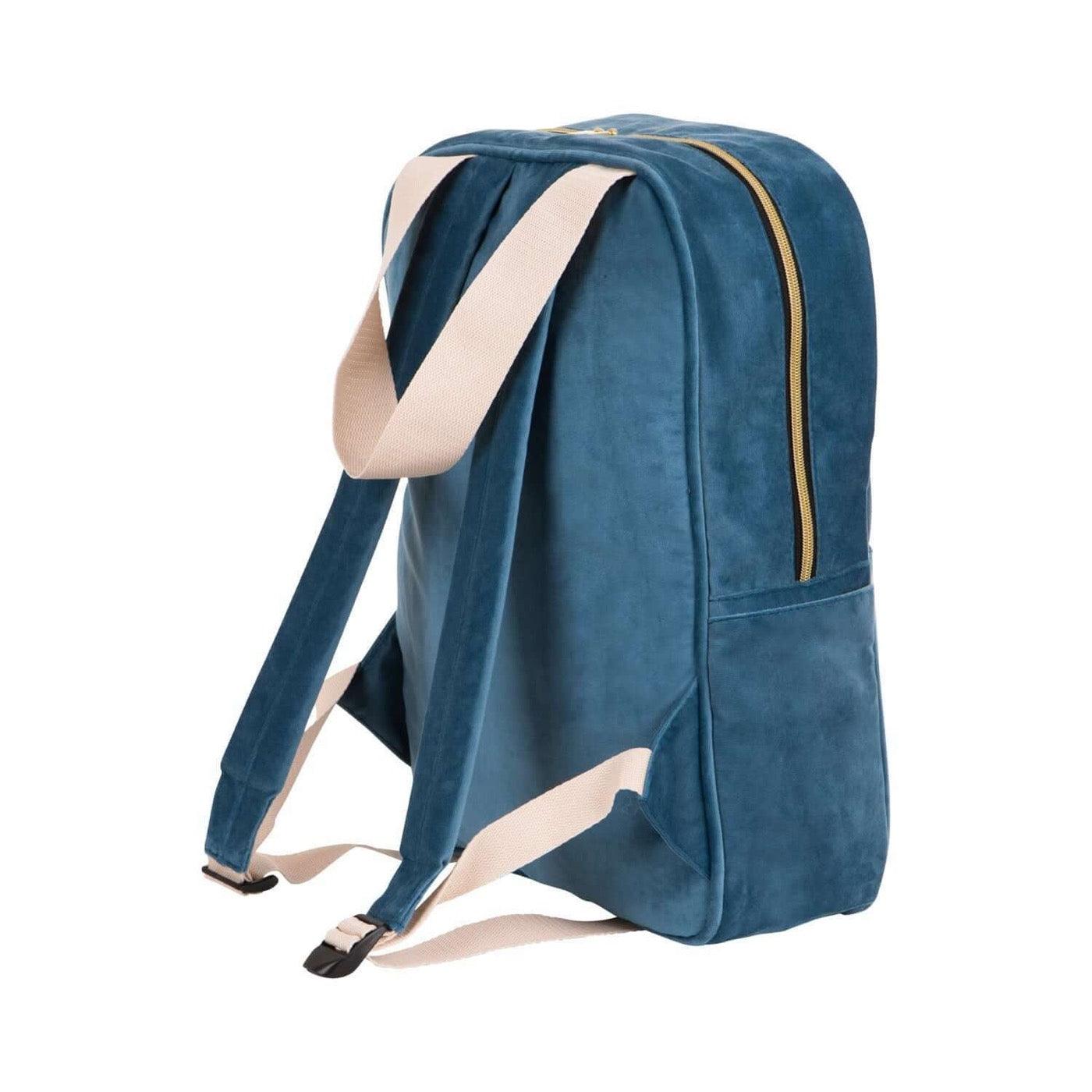 blue velvet backpack by bettys home. ladies backpack for work. best backpack for college