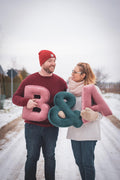 Velvet Letter Cushion & by Bettys Home. Couple with letter pillow B & A in their hands. Meaningful valentine's gifts for her