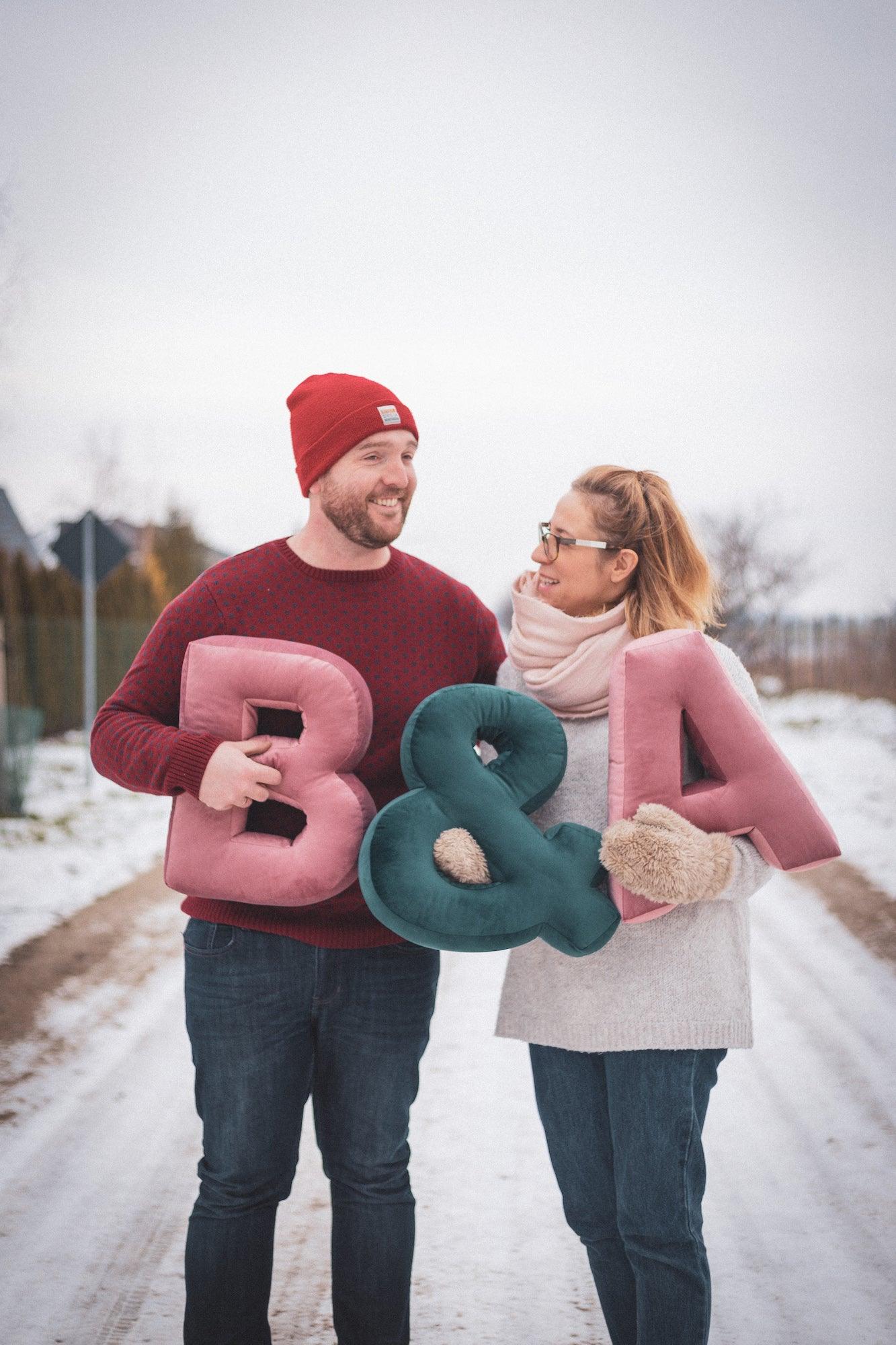 Velvet Letter Cushion & by Bettys Home. Couple with letter pillow B & A in their hands. Meaningful valentine's gifts for her