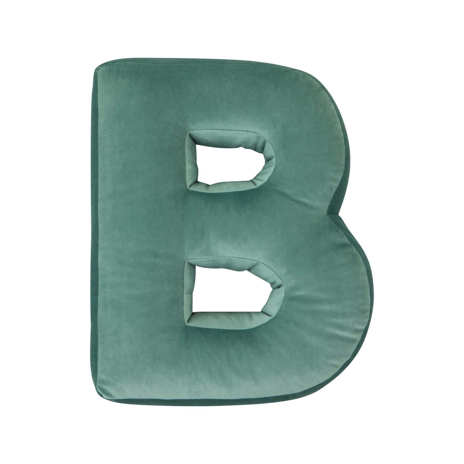 Velvet Letter Cushion B mint. Birthday present ideas for her. Baby shower present ideas for a girl