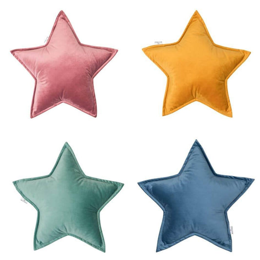 Velvet Star Cushion, decorative velvet cushion for nursery decor, plush star-shaped throw pillow on bed by bettys Home