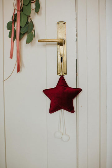 velvet little star pendant wine red by bettys home hanging on the door handle as christmas decoration