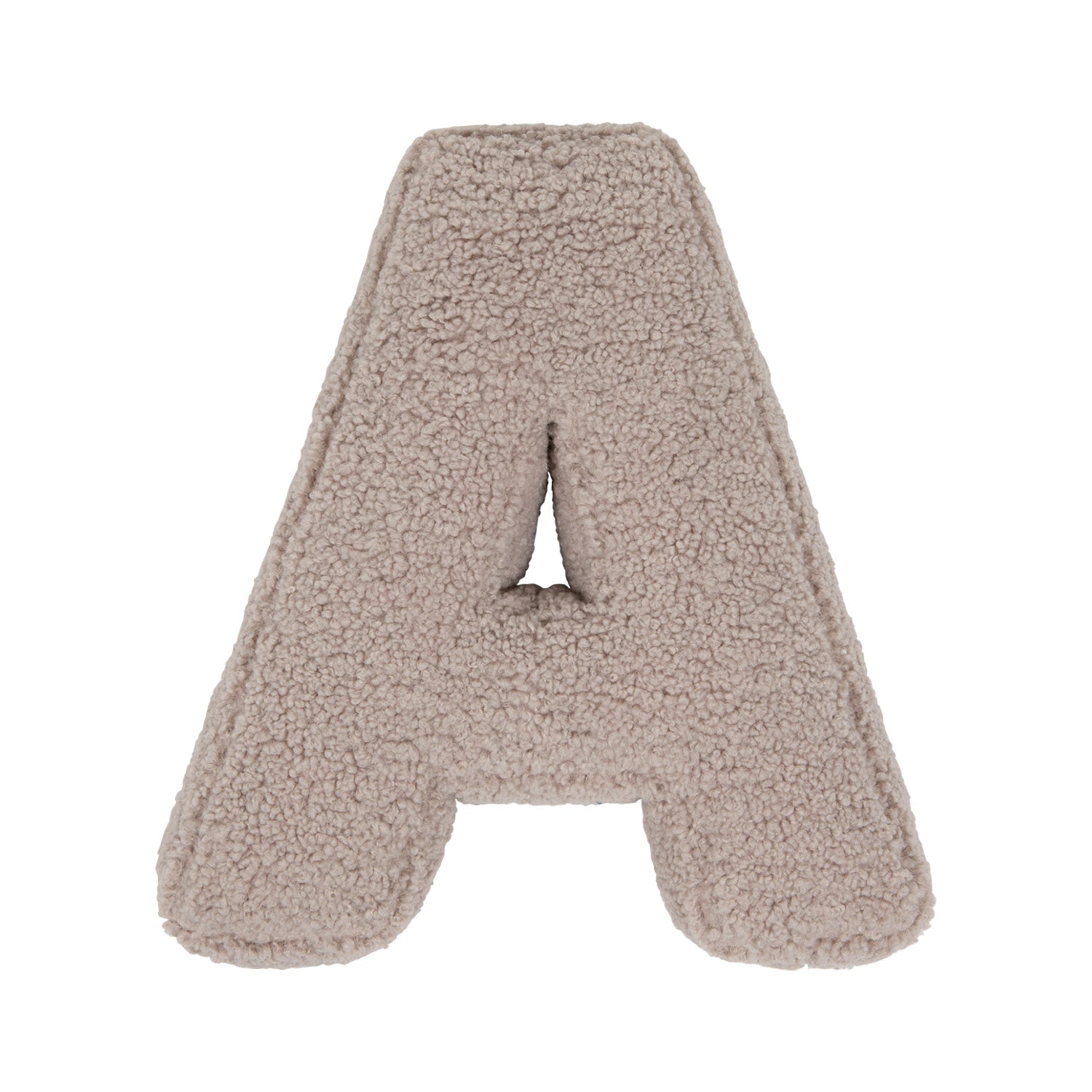 Boucle letter cushion A Mocha by Bettys Home on a white background. teddy cushion