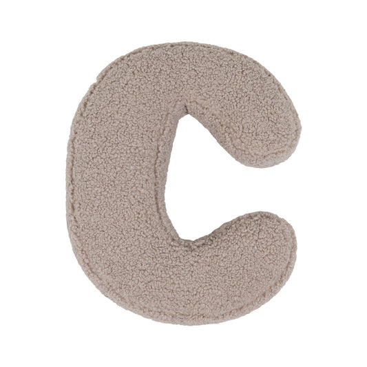 Boucle letter cushion C Mocha by Bettys Home on a white background. teddy cushion