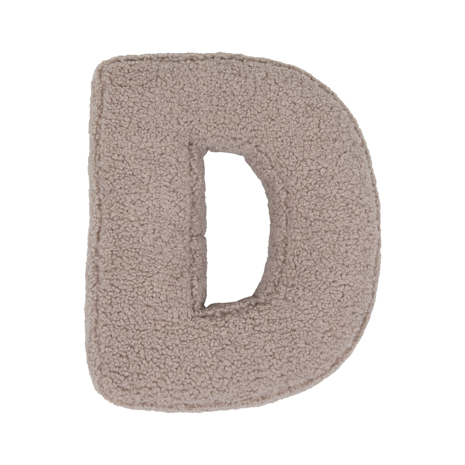 Boucle letter cushion D Mocha by Bettys Home on a white background. teddy cushion