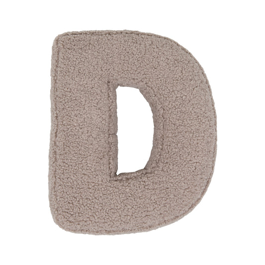 Boucle letter cushion D Mocha by Bettys Home on a white background. teddy cushion