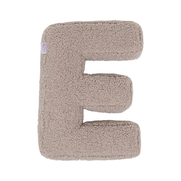 Boucle letter cushion E Mocha by Bettys Home on a white background. teddy cushion