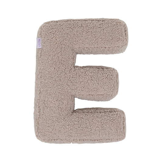 Boucle letter cushion E Mocha by Bettys Home on a white background. teddy cushion