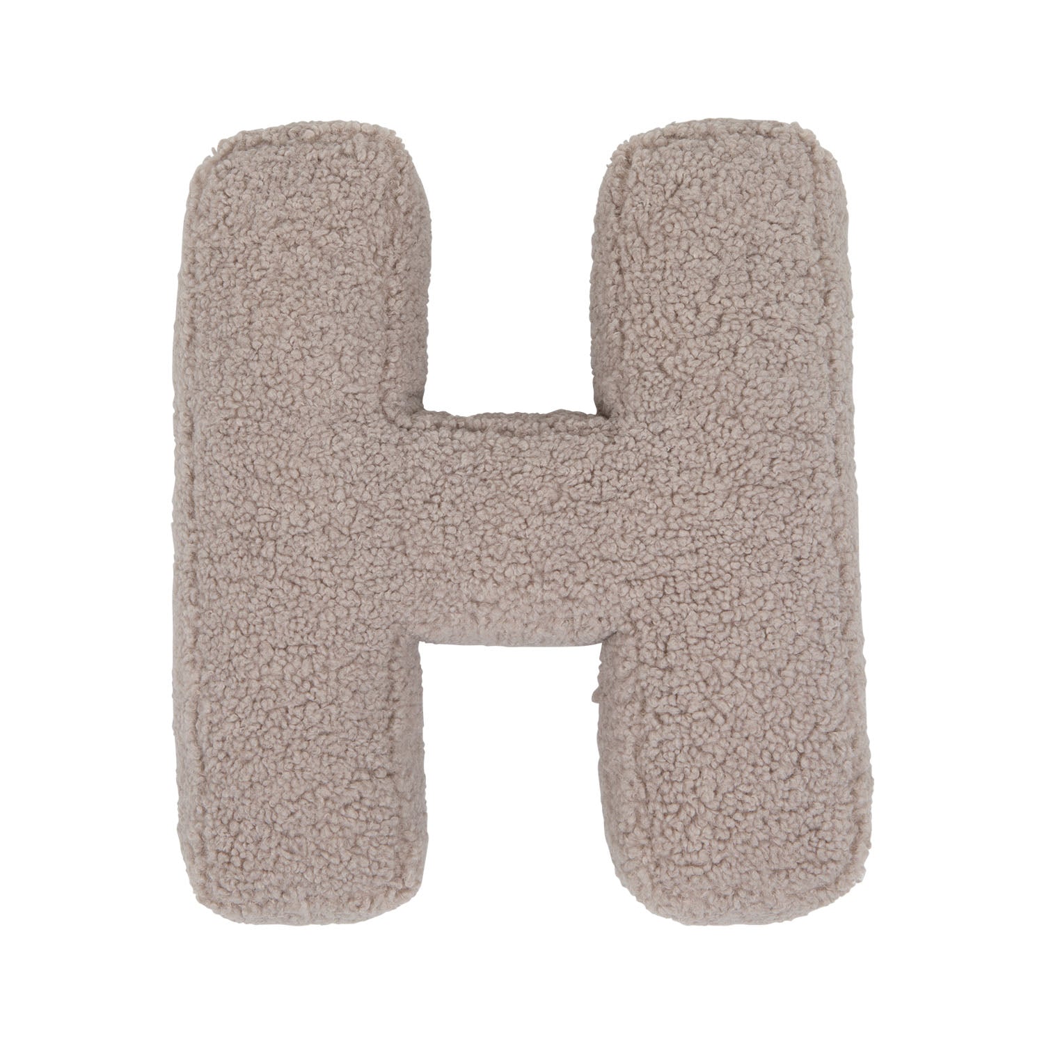 Boucle letter cushion H Mocha by Bettys Home on a white background. teddy cushion