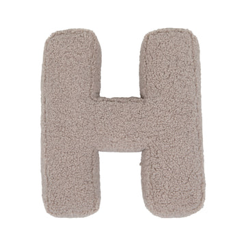 Boucle letter cushion H Mocha by Bettys Home on a white background. teddy cushion