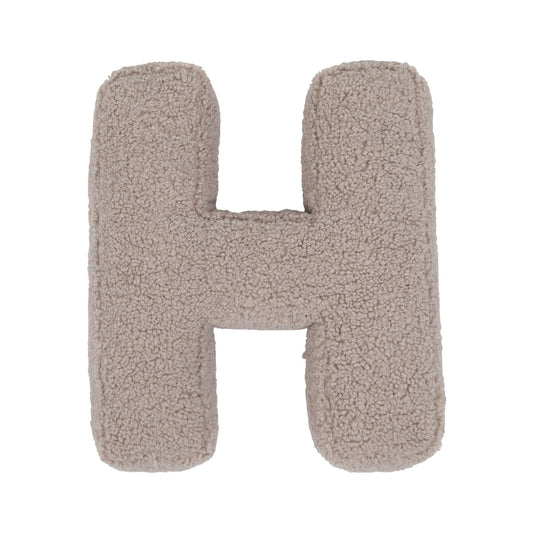 Boucle letter cushion H Mocha by Bettys Home on a white background. teddy cushion