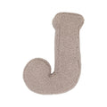 Boucle letter cushion J Mocha by Bettys Home on a white background. teddy cushion