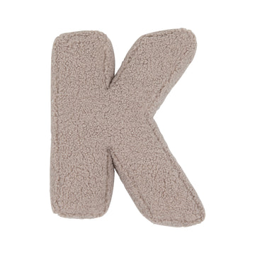 Boucle letter cushion K Mocha by Bettys Home on a white background. teddy cushion