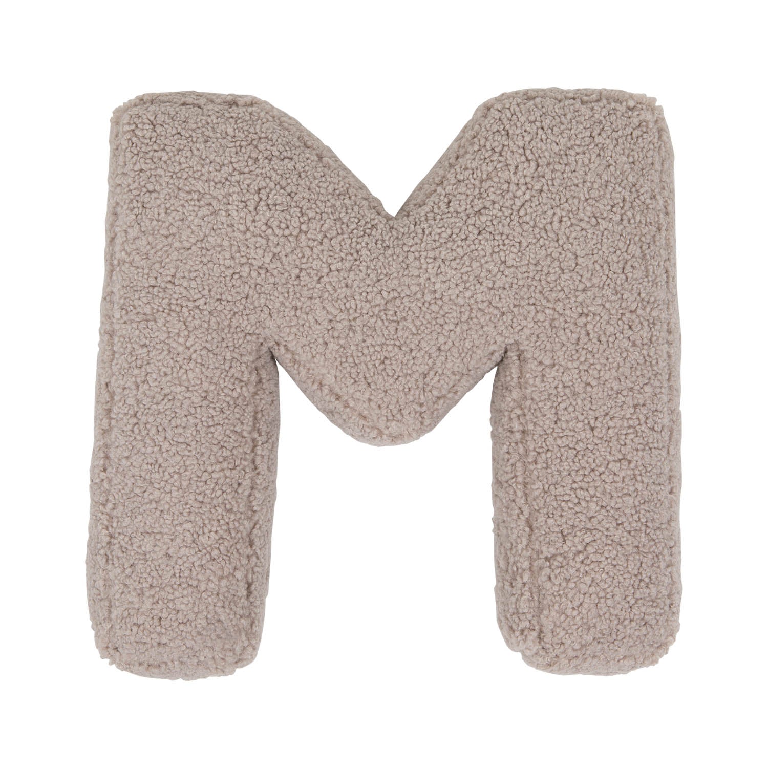 Boucle letter cushion M Mocha by Bettys Home on a white background. teddy cushion