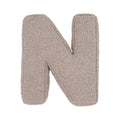Boucle letter cushion N Mocha by Bettys Home on a white background. teddy cushion