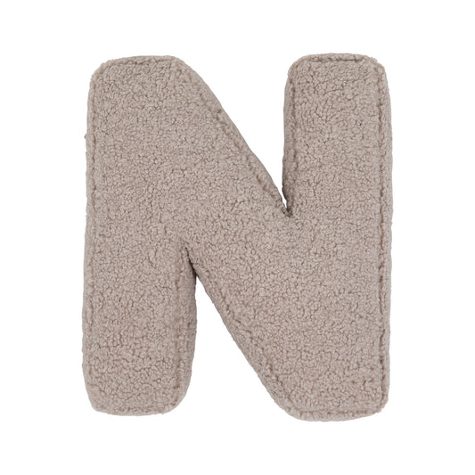 Boucle letter cushion N Mocha by Bettys Home on a white background. teddy cushion