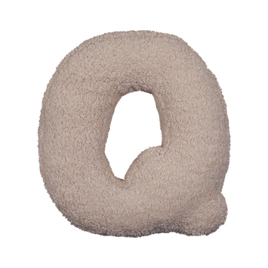 Boucle letter cushion Q Mocha by Bettys Home on a white background. teddy cushion