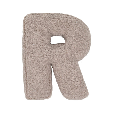 Boucle letter cushion R Mocha by Bettys Home on a white background. teddy cushion