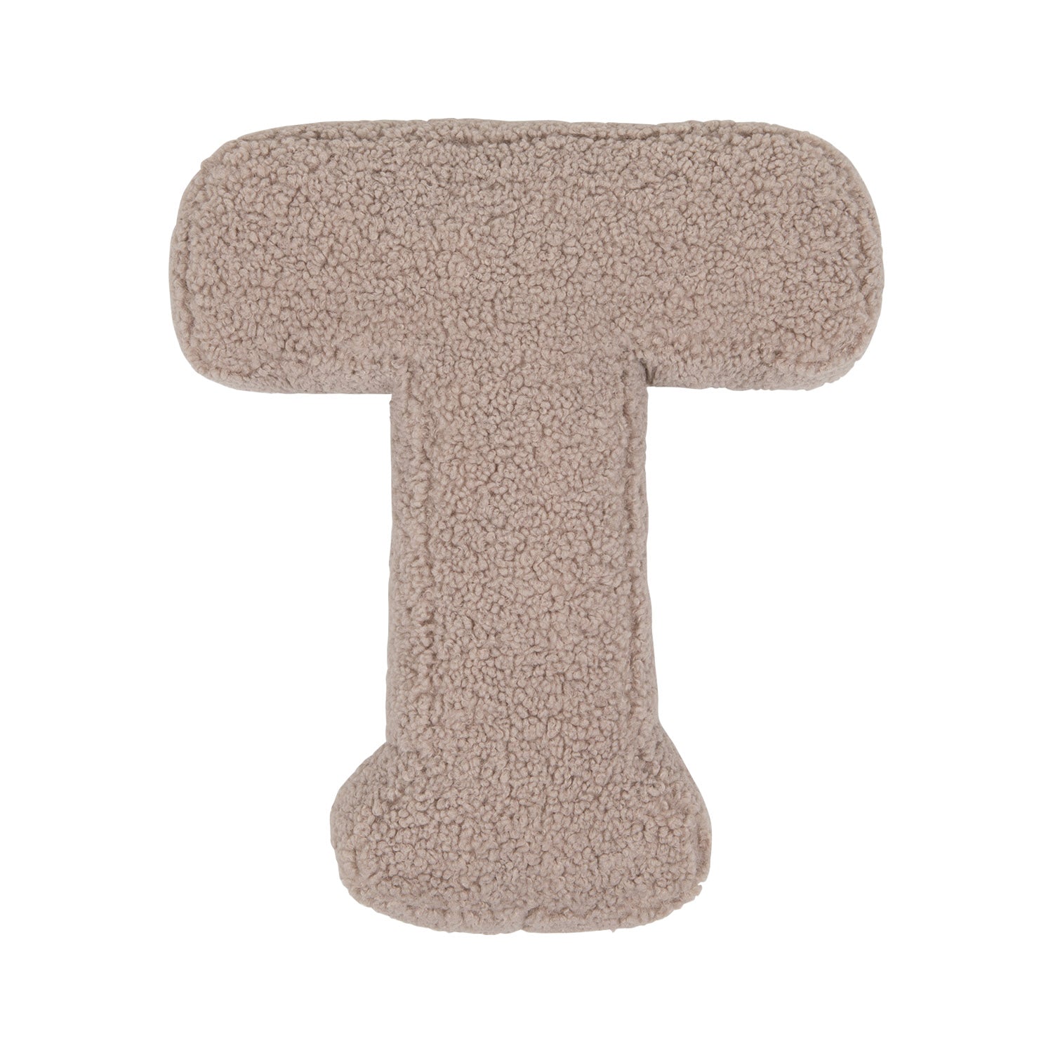 Boucle letter cushion T Mocha by Bettys Home on a white background. teddy cushion