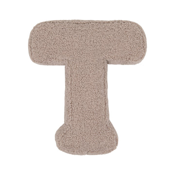 Boucle letter cushion T Mocha by Bettys Home on a white background. teddy cushion
