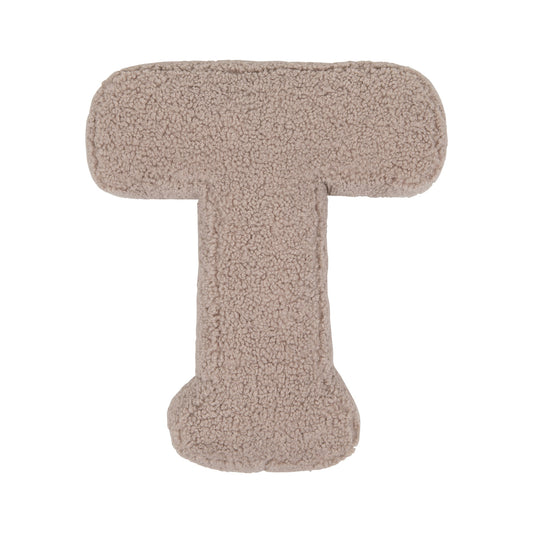 Boucle letter cushion T Mocha by Bettys Home on a white background. teddy cushion