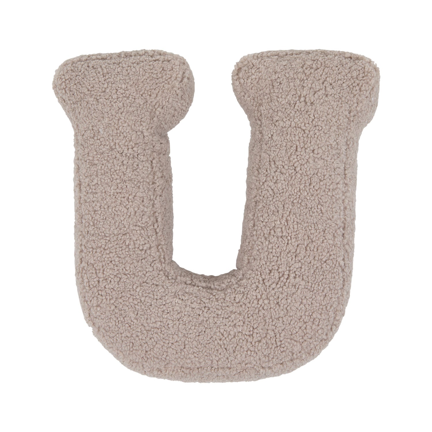 Boucle letter cushion U Mocha by Bettys Home on a white background. teddy cushion