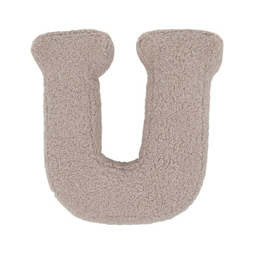 Boucle letter cushion U Mocha by Bettys Home on a white background. teddy cushion