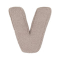 Boucle letter cushion V Mocha by Bettys Home on a white background. teddy cushion