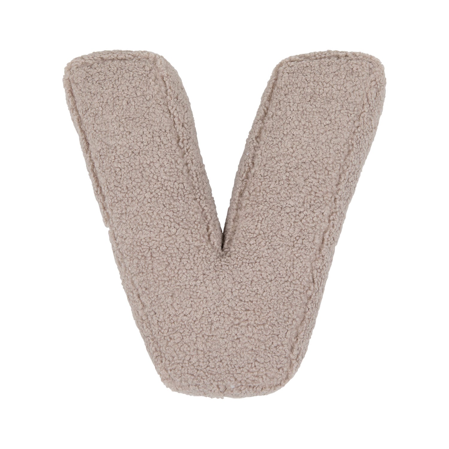 Boucle letter cushion V Mocha by Bettys Home on a white background. teddy cushion