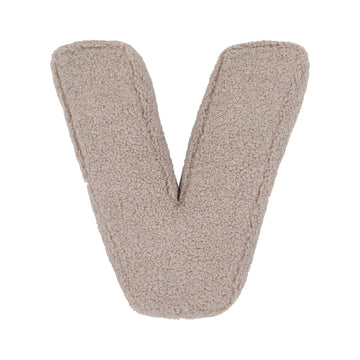 Boucle letter cushion V Mocha by Bettys Home on a white background. teddy cushion