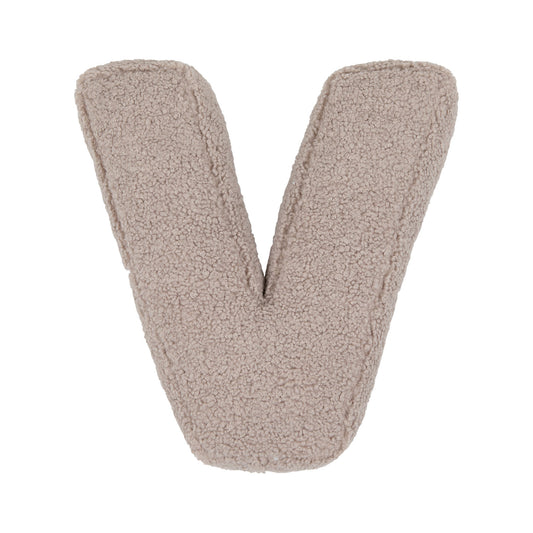 Boucle letter cushion V Mocha by Bettys Home on a white background. teddy cushion