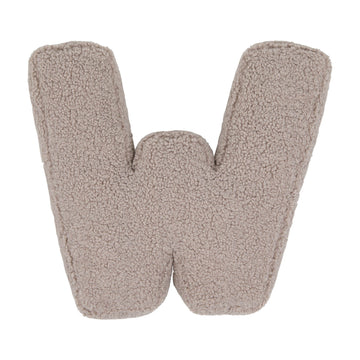 Boucle letter cushion W Mocha by Bettys Home on a white background. teddy cushion