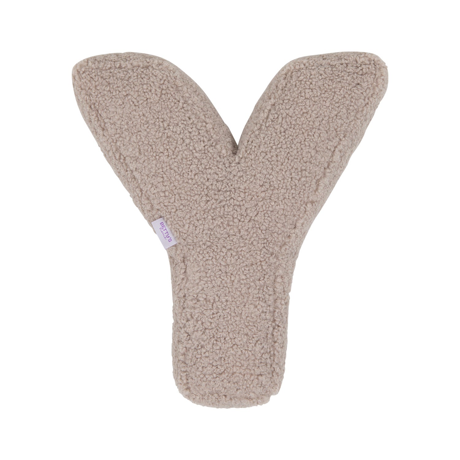 Boucle letter cushion Y Mocha by Bettys Home on a white background. teddy cushion