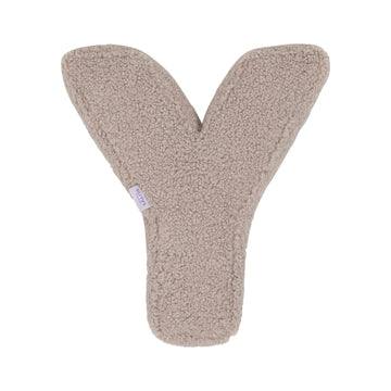 Boucle letter cushion Y Mocha by Bettys Home on a white background. teddy cushion