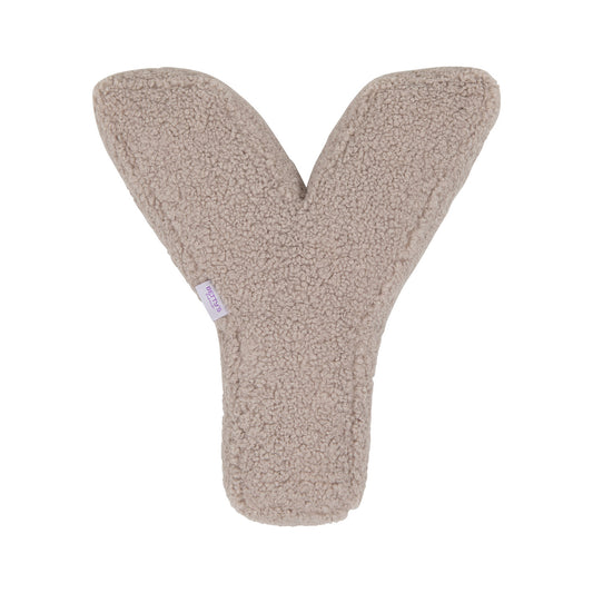 Boucle letter cushion Y Mocha by Bettys Home on a white background. teddy cushion