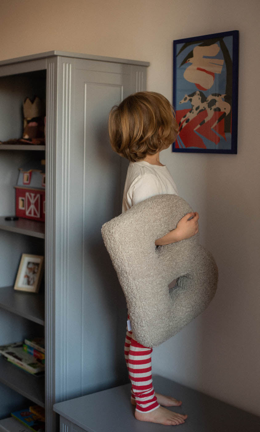 boucle letter cushion mocha by bettys home. kids room deco idea. teddy cushion mocha