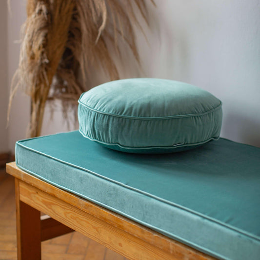 Small Velvet Pouf Mint on velvet mint mattress and bench