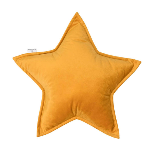 Velvet Star Cushion, decorative velvet cushion for nursery decor, plush star-shaped throw pillow on bed by bettys Home