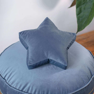 velvet star cushion in blue by Bettys home on floor pouf 