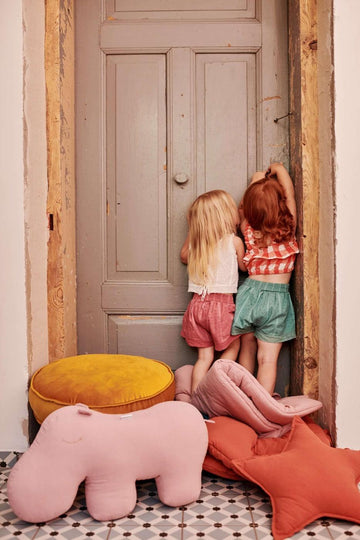 little girls standing next to doors with hippo cushions and star cushion