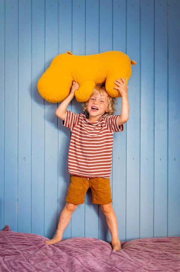 Little boy holding over his head hippo cushion by betty's home