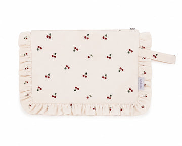 cotton cherry makeup bag by Bettys home. Small makeup bag with ruffle x
