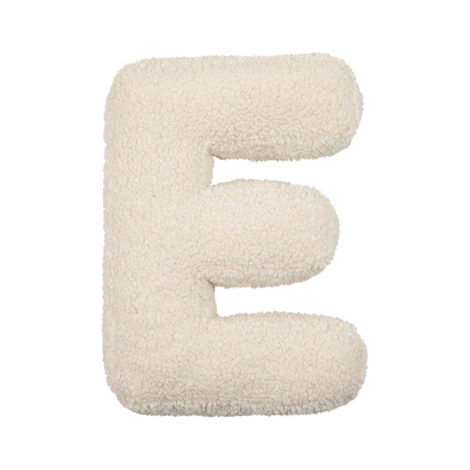 Boucle Letter cushion E by Bettys Home Teddy Letter Pillow  on white background as kids room decoration