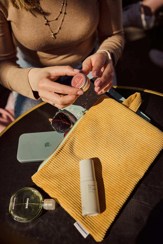 corduroy pouches bag in yellow for organising essentials in your handbag from bettys home