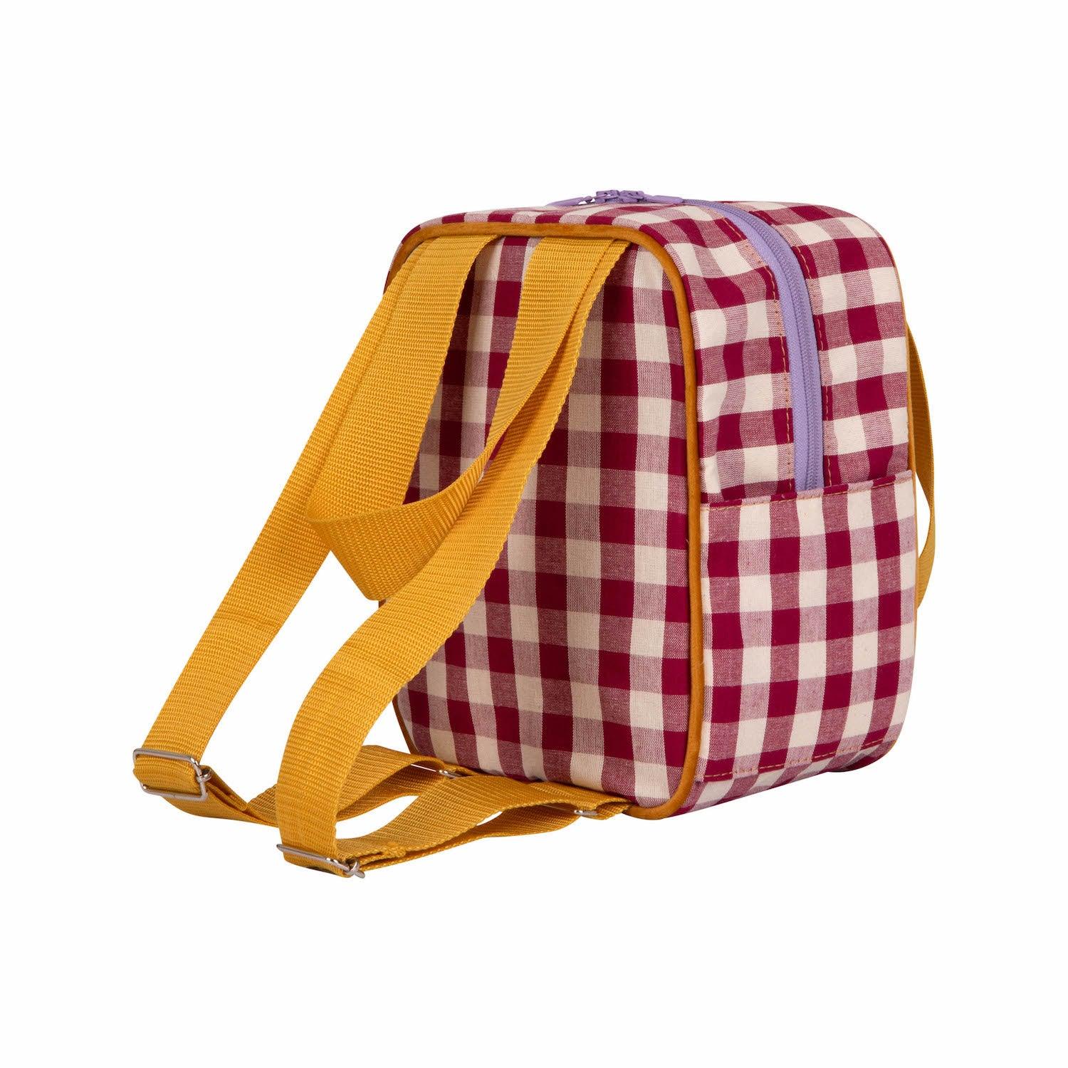 badger basket doll travel backpack star pattern Small Backpack | Gingham | Red Plum
