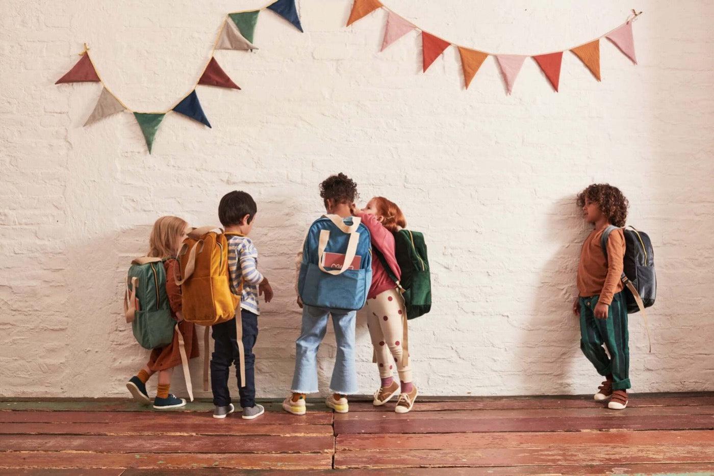 kids in school during brake with velvet school backpacks. school backpack for girls 